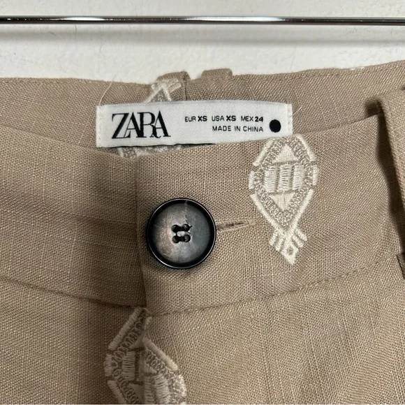ZARA TAN LINEN BLEND EMBROIDERED WIDE LEG CULOTTE PANTS XS - Picture 6 of 6